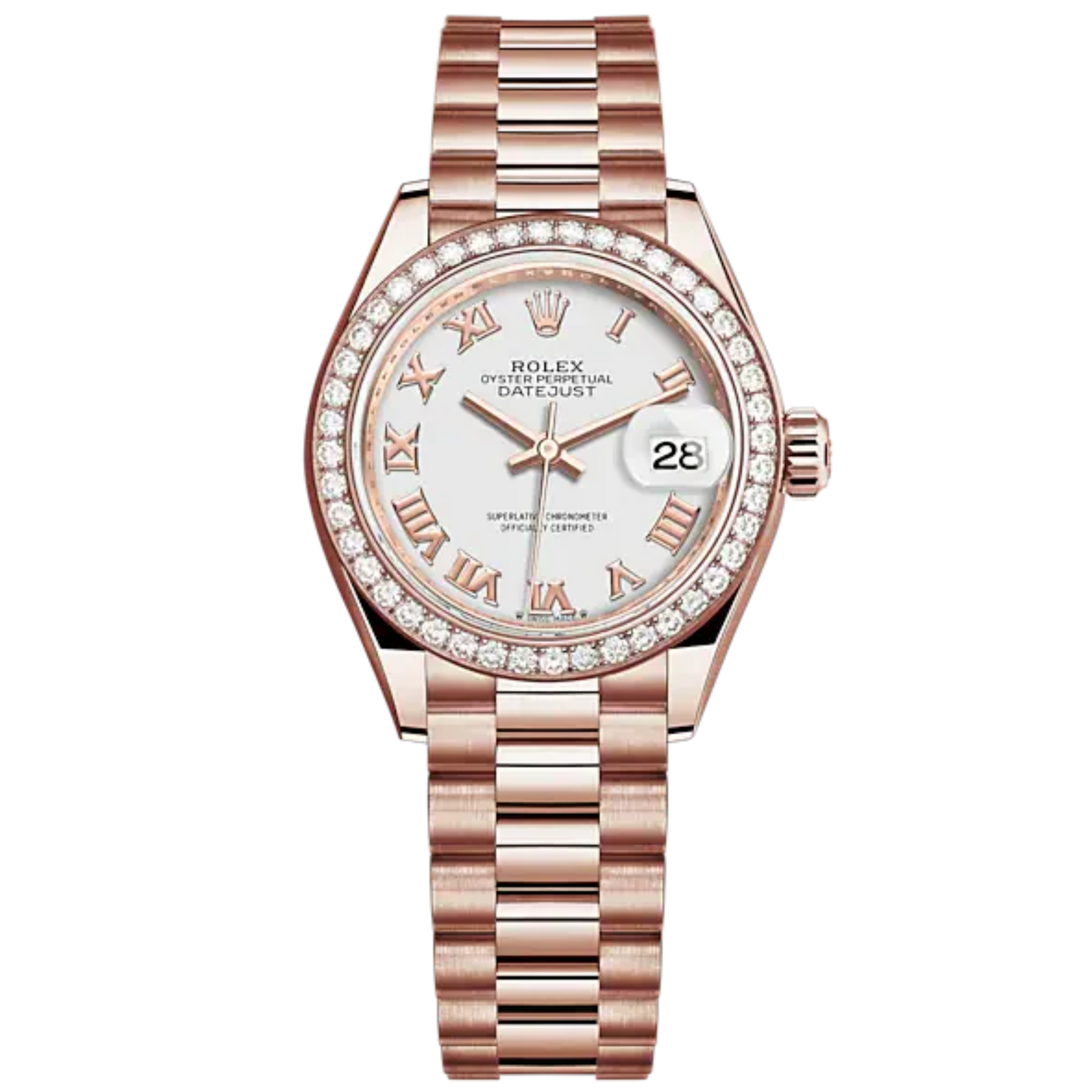 Lady-DateJust 28mm President Bracelet and 18 KT Everose Gold with White Dial and Diamond-Set Bezel