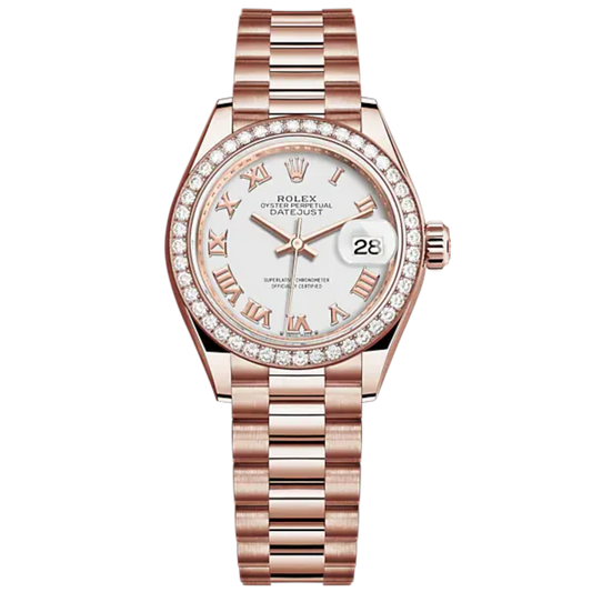 Lady-DateJust 28mm President Bracelet and 18 KT Everose Gold with White Dial and Diamond-Set Bezel