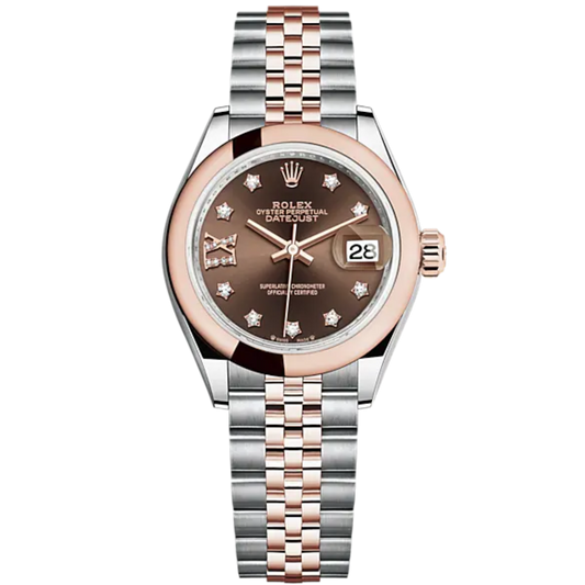Lady-DateJust 28mm Oystersteel Jubilee Bracelet and Everose Gold with Chocolate Dial Diamond-Set Dial and Domed Bezel