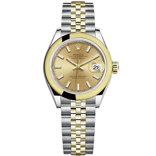 Lady-DateJust 28mm Oystersteel Jubilee Bracelet and Yellow Gold with Champagne-Colour Dial and Domed Bezel