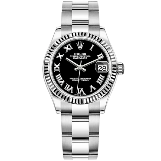 Datejust 31 31mm Oyster Bracelet Oystersteel and White Gold with Bright Black Dial Fluted Bezel