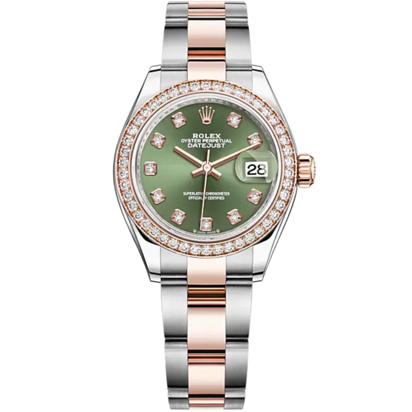 Lady-DateJust 28mm Oyster Oystersteel Bracelet and Everose Gold with Olive-Green Dial Diamond-Set Dial and Diamond-Set Bezel