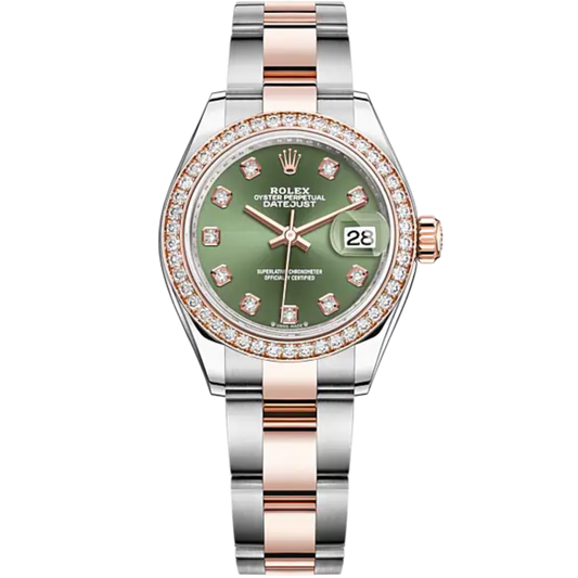 Lady-DateJust 28mm Oyster Oystersteel Bracelet and Everose Gold with Olive-Green Dial Diamond-Set Dial and Diamond-Set Bezel