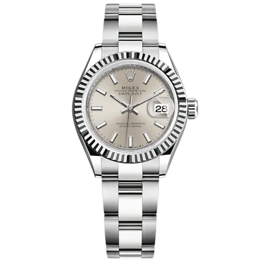 Lady-DateJust 28mm Oyster Oystersteel Bracelet and White Gold with Silver Dial and Fluted Bezel