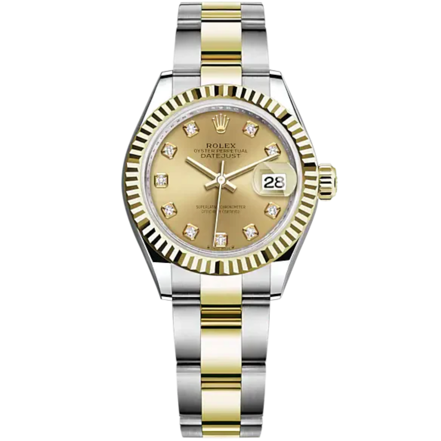 Lady-DateJust 28mm Oyster Oystersteel Bracelet and Yellow Gold with Champagne-Colour Dial Diamond-Set Dial and Fluted Bezel