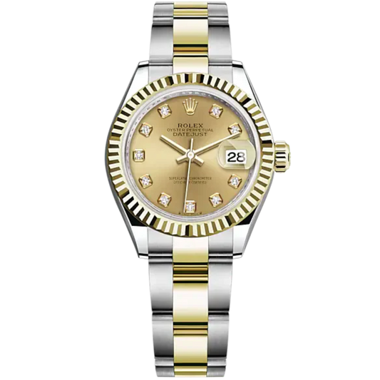 Lady-DateJust 28mm Oyster Oystersteel Bracelet and Yellow Gold with Champagne-Colour Dial Diamond-Set Dial and Fluted Bezel