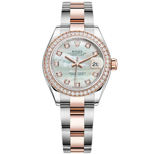 Lady-DateJust 28mm Oyster Oystersteel Bracelet and Everose Gold with White Mother-of-Pearl Dial Diamond-Set Dial and Diamond-Set Bezel