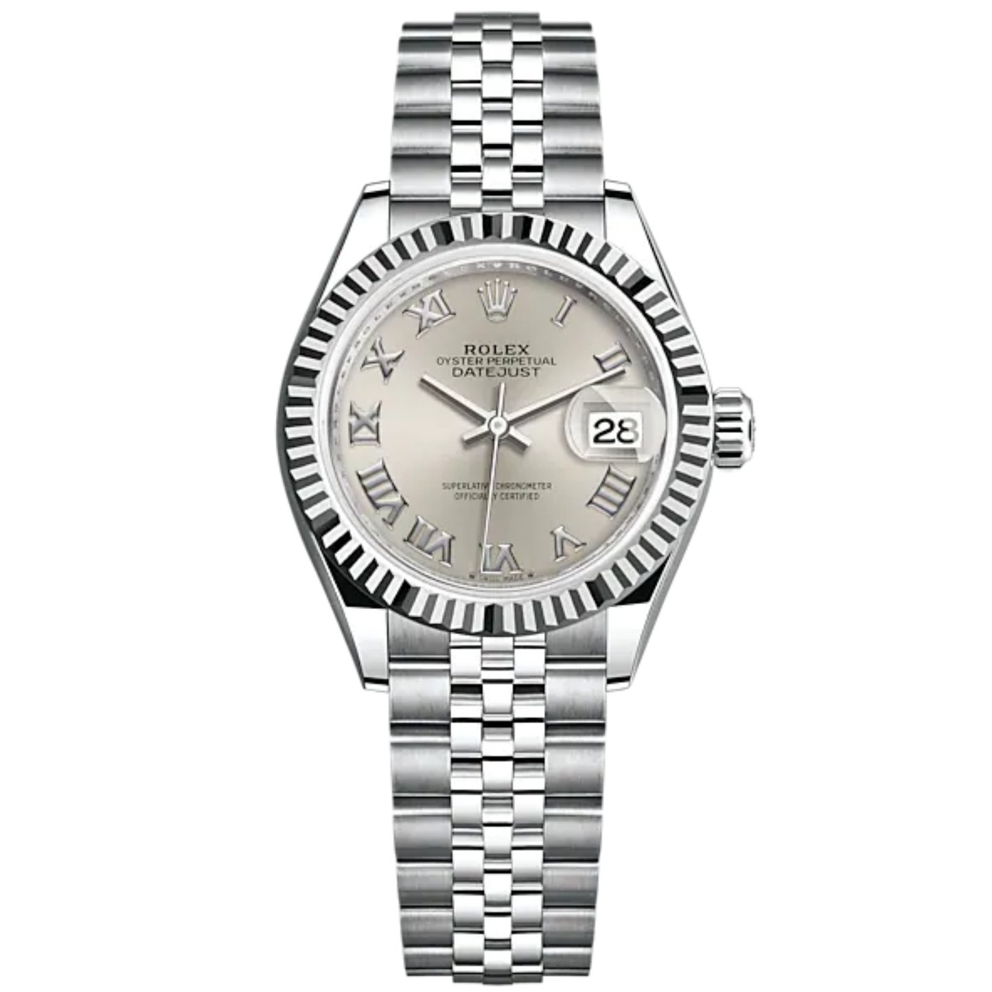 Lady-DateJust 28mm Oystersteel Jubilee Bracelet and White Gold with Silver Dial and Fluted Bezel