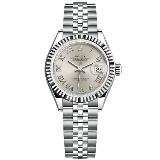 Lady-DateJust 28mm Oystersteel Jubilee Bracelet and White Gold with Silver Dial and Fluted Bezel