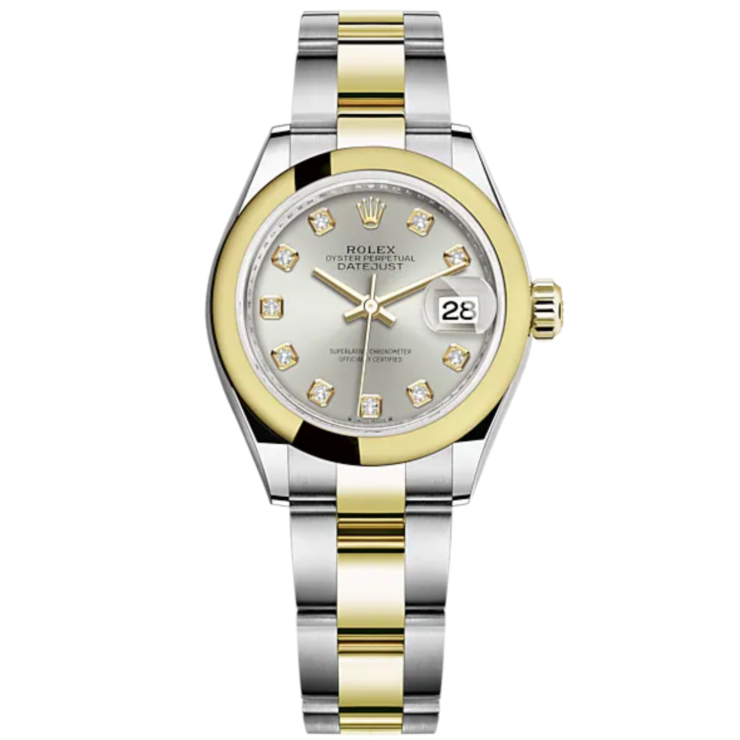 Lady-DateJust 28mm Oyster Oystersteel Bracelet and Yellow Gold with Silver Dial Diamond-Set Dial and Domed Bezel