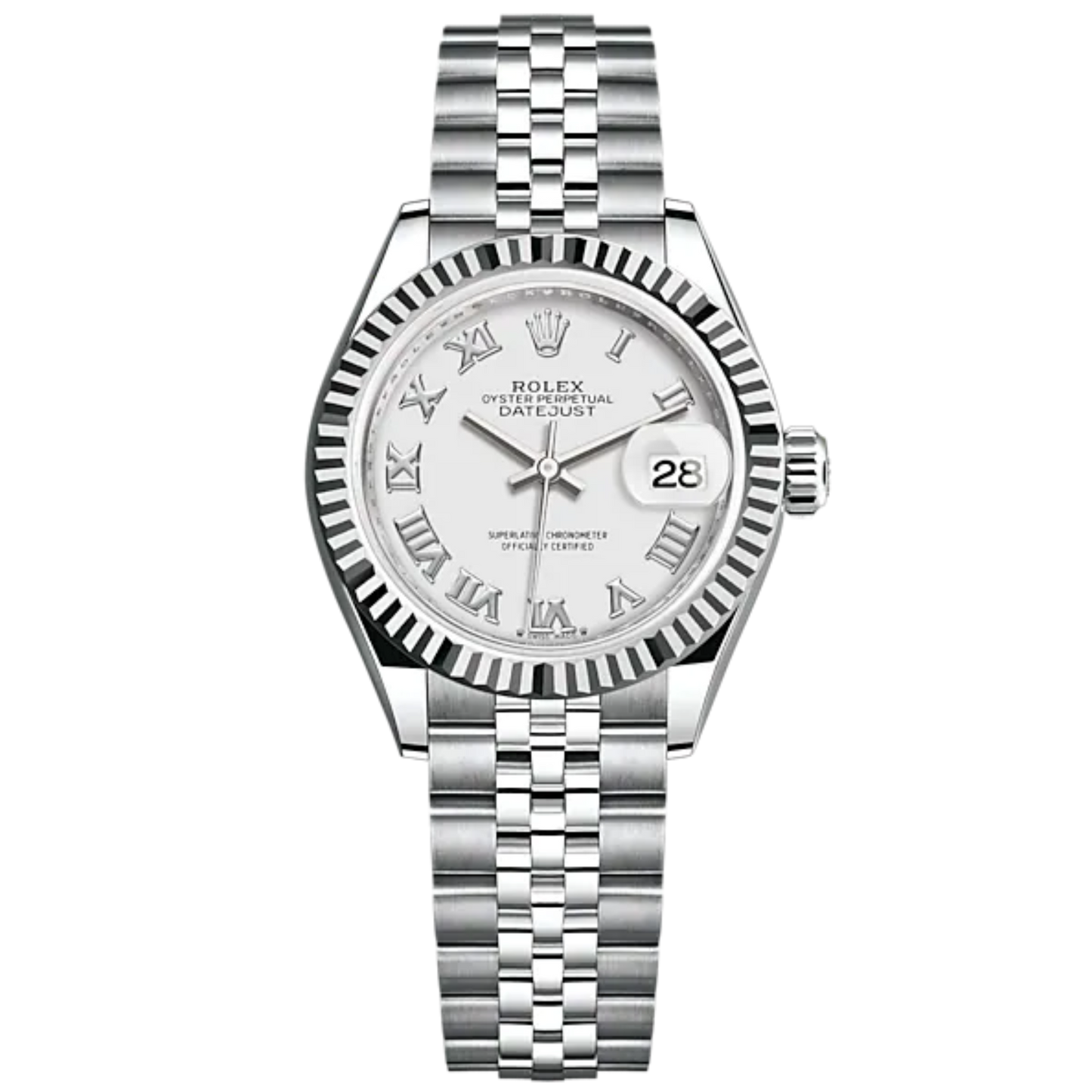 Lady-DateJust 28mm Oystersteel Jubilee Bracelet and White Gold with White Dial and Fluted Bezel