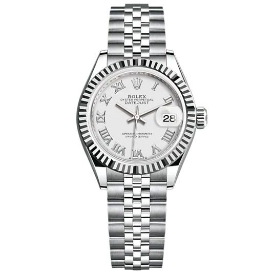 Lady-DateJust 28mm Oystersteel Jubilee Bracelet and White Gold with White Dial and Fluted Bezel