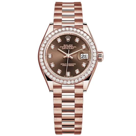 Lady-DateJust 28mm President Bracelet and 18 KT Everose Gold with Chocolate Dial Diamond-Set Dial and Diamond-Set Bezel