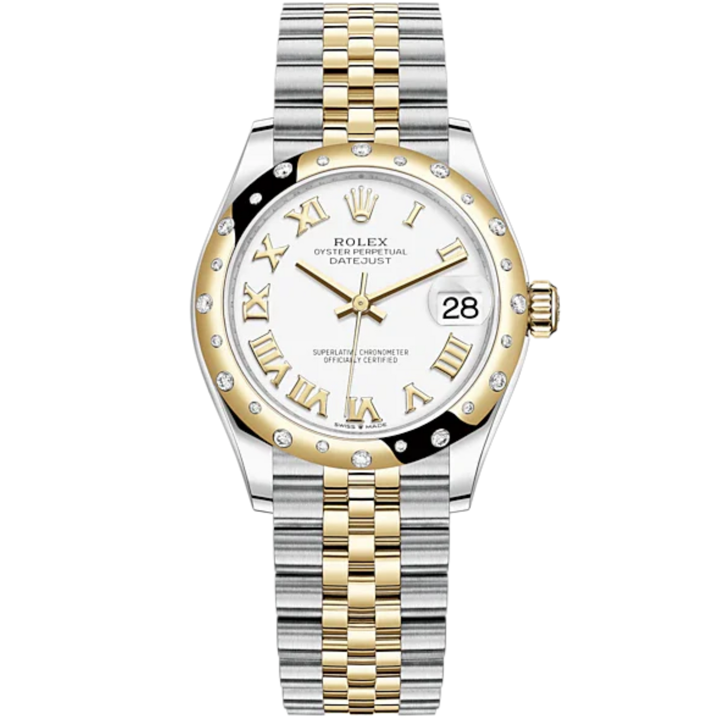 Lady-DateJust 28mm Oystersteel Jubilee Bracelet and Yellow Gold with White Dial Diamond-Set Bezel