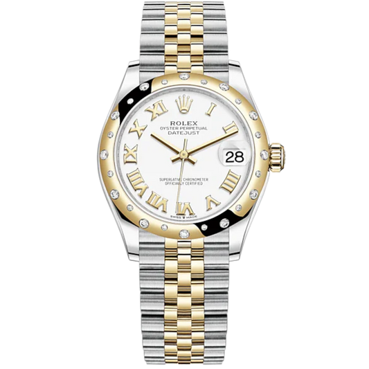 Lady-DateJust 28mm Oystersteel Jubilee Bracelet and Yellow Gold with White Dial Diamond-Set Bezel