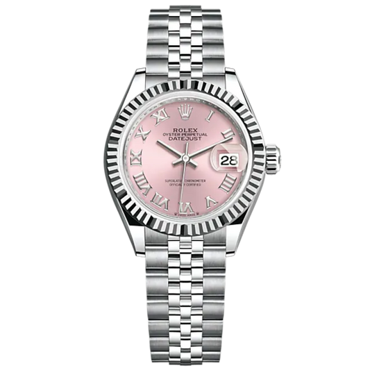 Lady-DateJust 28mm Oystersteel Jubilee Bracelet and White Gold with Pink Dial and Fluted Bezel