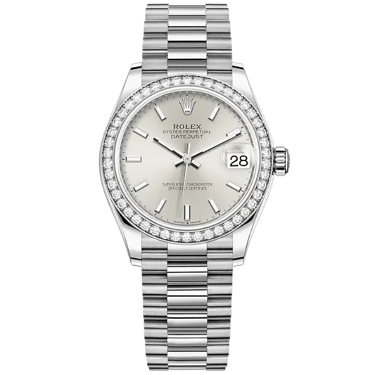 Datejust 31 31mm President Bracelet and White Gold with Silver Dial Diamond-Set Bezel