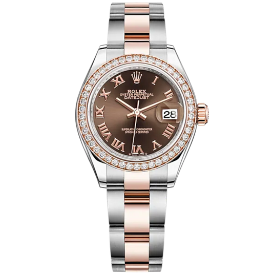 Lady-DateJust 28mm Oyster Oystersteel Bracelet and Everose Gold with Chocolate Dial and Diamond-Set Bezel