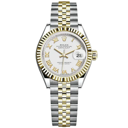 Lady-DateJust 28mm Oystersteel Jubilee Bracelet and Yellow Gold with White Dial and Fluted Bezel