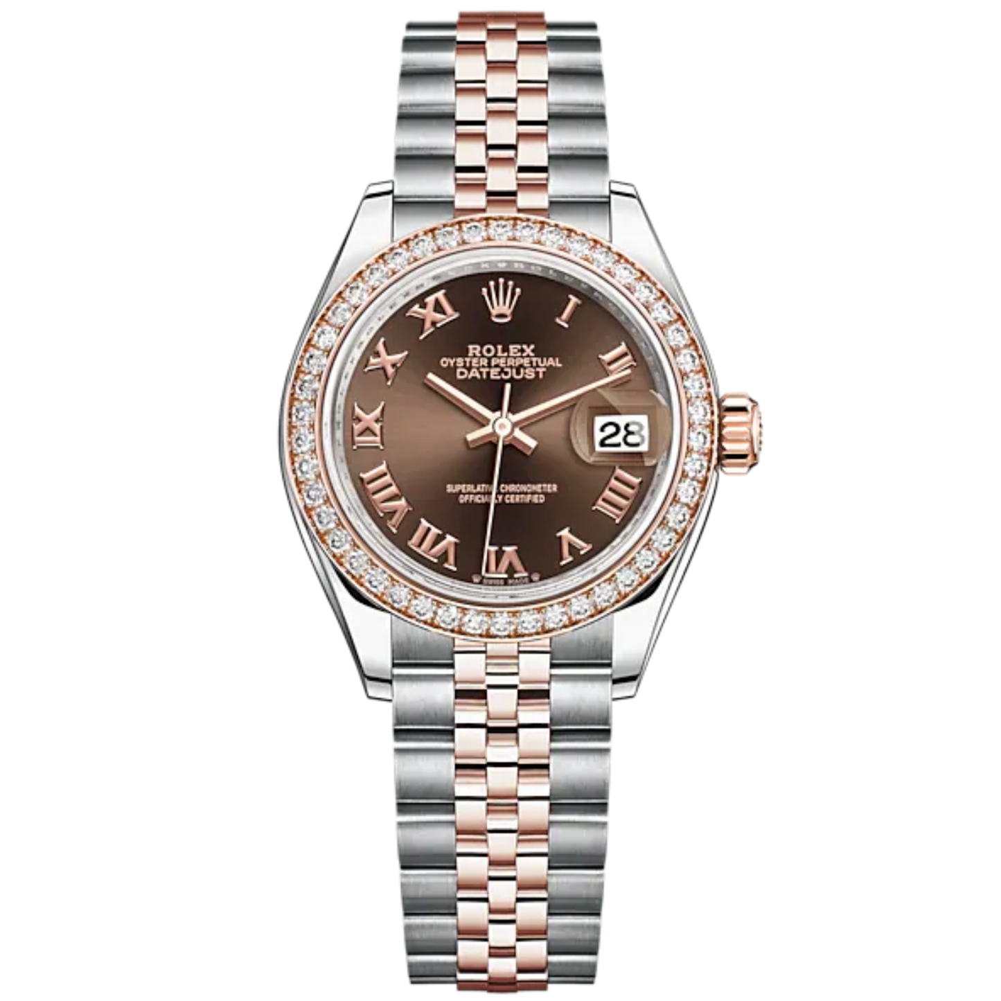 Lady-DateJust 28mm Oystersteel Jubilee Bracelet and Everose Gold with Chocolate Dial and Diamond-Set Bezel