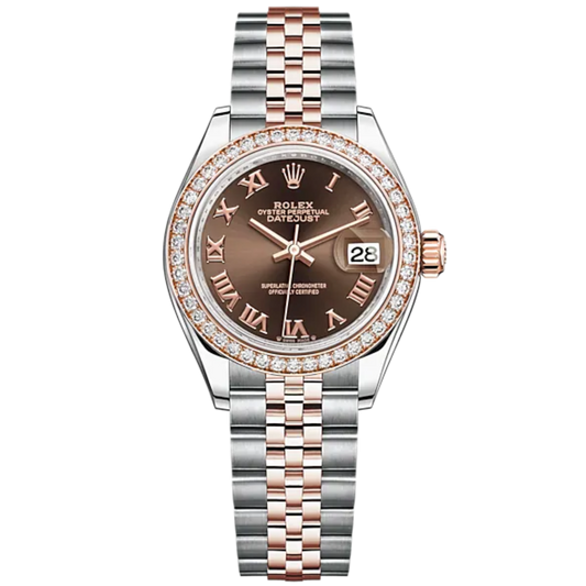 Lady-DateJust 28mm Oystersteel Jubilee Bracelet and Everose Gold with Chocolate Dial and Diamond-Set Bezel