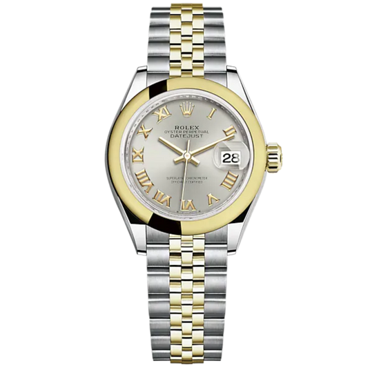 Lady-DateJust 28mm Oystersteel Jubilee Bracelet and Yellow Gold with Silver Dial and Domed Bezel