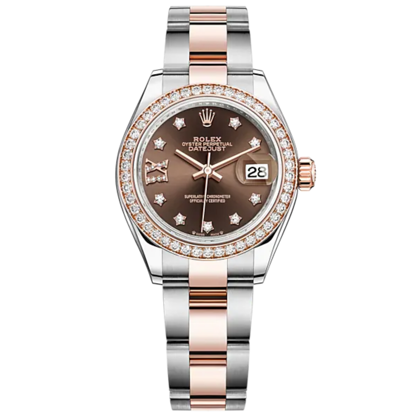 Lady-DateJust 28mm Oyster Oystersteel Bracelet and Everose Gold with Chocolate Dial Diamond-Set Dial and Diamond-Set Bezel