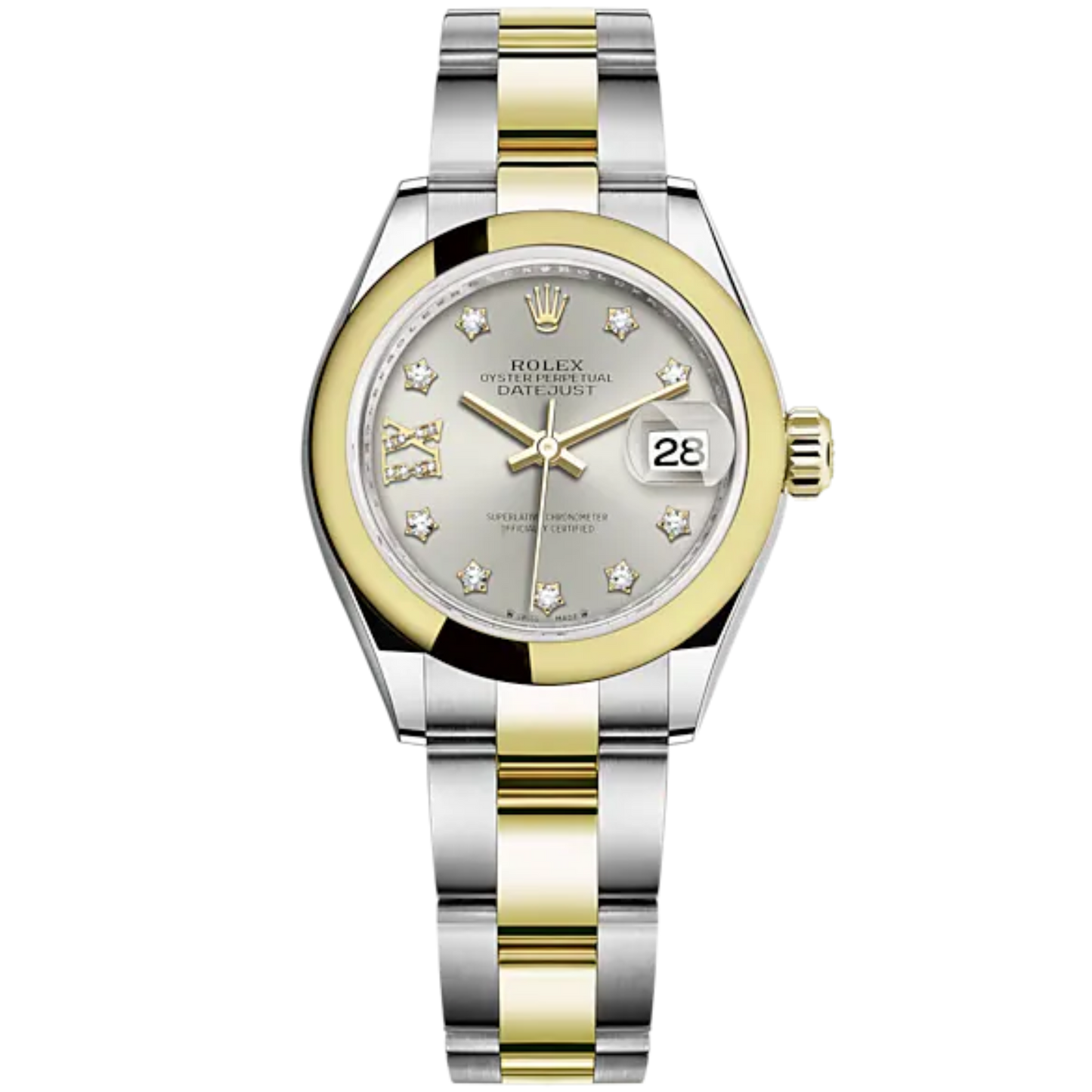 Lady-DateJust 28mm Oyster Oystersteel Bracelet and Yellow Gold with Silver Dial Diamond-Set Dial and Domed Bezel