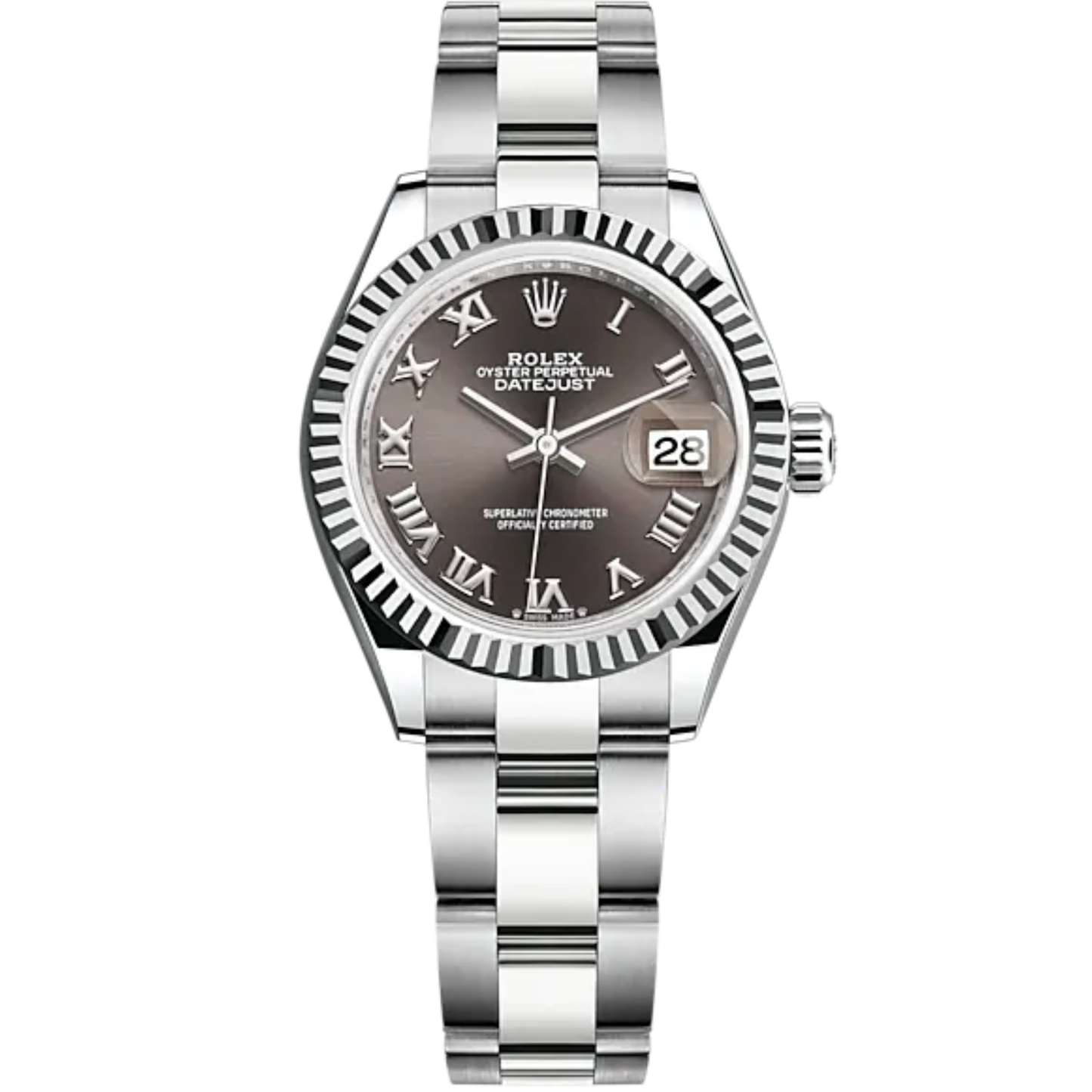 Lady-DateJust 28mm Oyster Oystersteel Bracelet and White Gold with Dark Grey Dial and Fluted Bezel