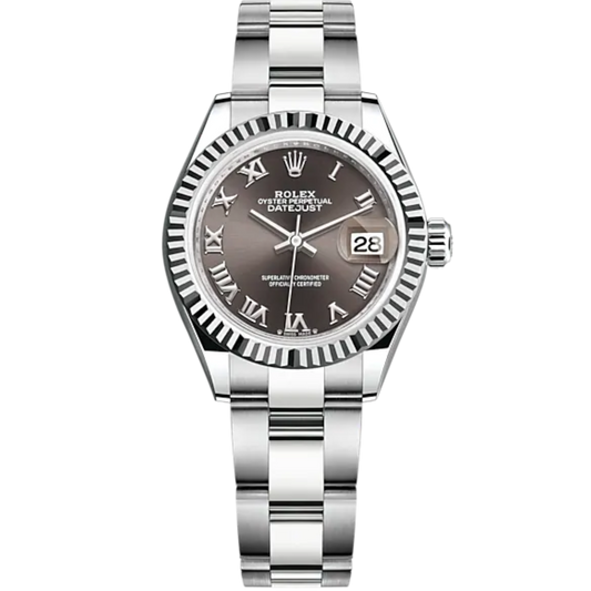 Lady-DateJust 28mm Oyster Oystersteel Bracelet and White Gold with Dark Grey Dial and Fluted Bezel