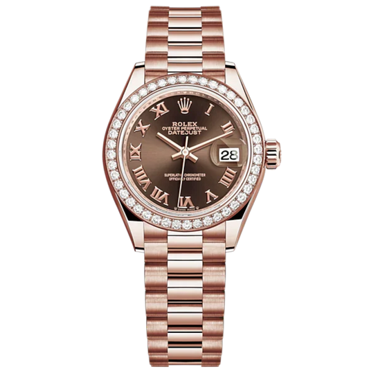 Lady-DateJust 28mm President Bracelet and 18 KT Everose Gold with Chocolate Dial and Diamond-Set Bezel