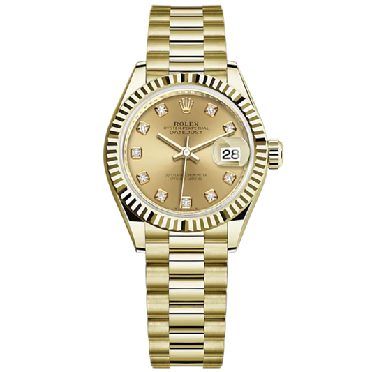 Lady-DateJust 28mm President Bracelet and 18 KT Yellow Gold with Champagne-Colour Dial Diamond-Set Dial and Fluted Bezel