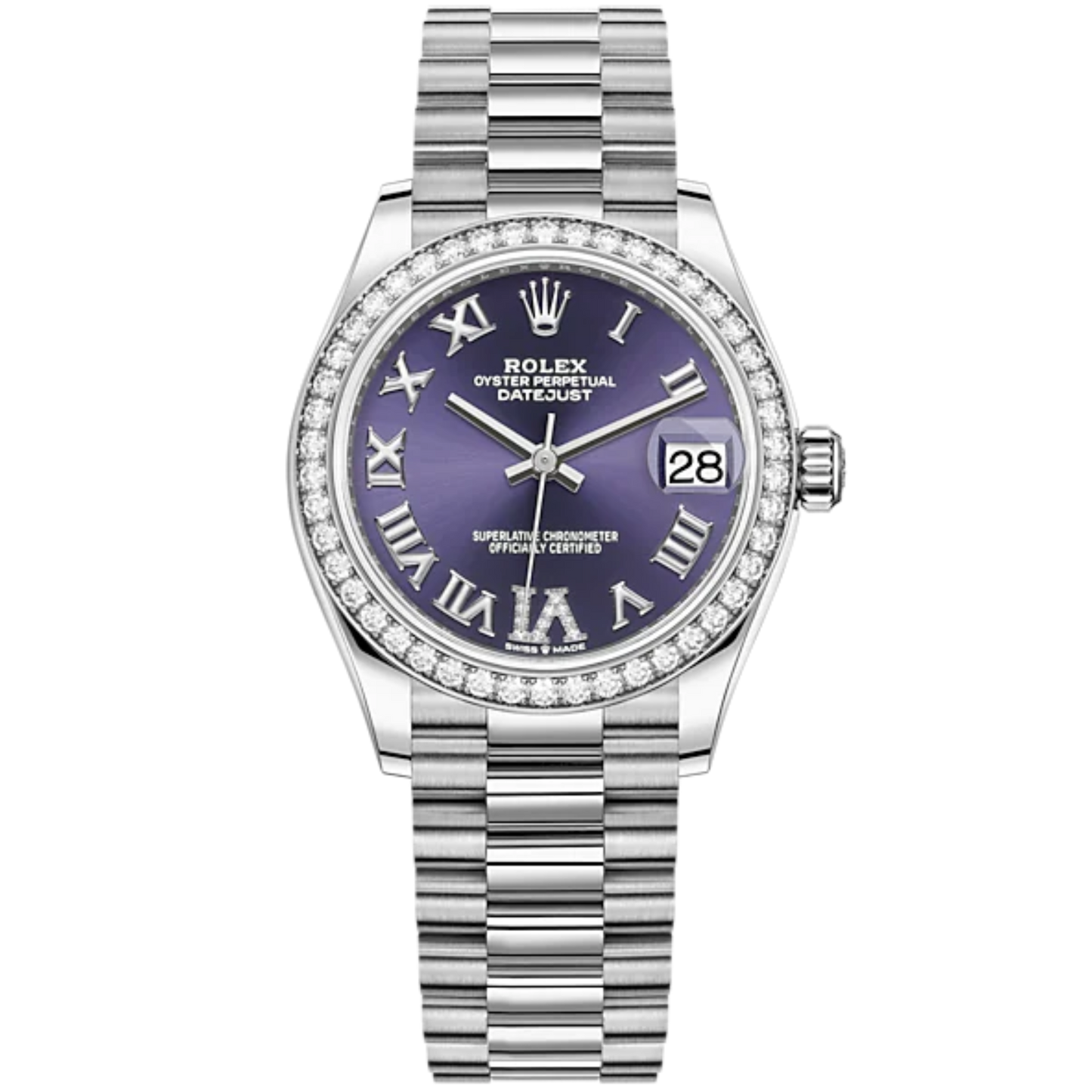 Datejust 31 31mm President Bracelet Oystersteel and White Gold With Aubergine Diamond Roman Dial Diamond-Set Bezel