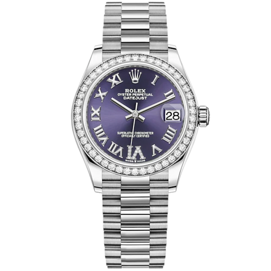 Datejust 31 31mm President Bracelet Oystersteel and White Gold With Aubergine Diamond Roman Dial Diamond-Set Bezel