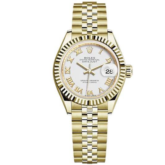 Lady-DateJust 28mm Jubilee Bracelet and 18 KT Yellow Gold with White Dial and Fluted Bezel