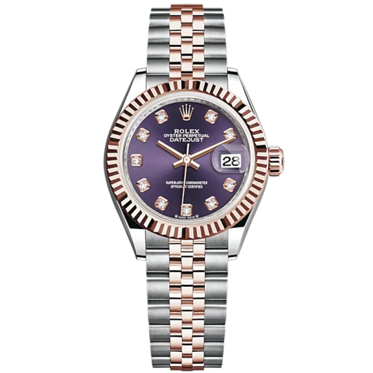 Lady-DateJust 28mm Oystersteel Jubilee Bracelet and Everose Gold with Aubergine Dial Diamond-Set Dial and Fluted Bezel
