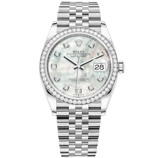Datejust 36 36mm Oystersteel Jubilee Bracelet and White Gold with White Mother-Of-Pearl Diamond-Set Dial Bezel