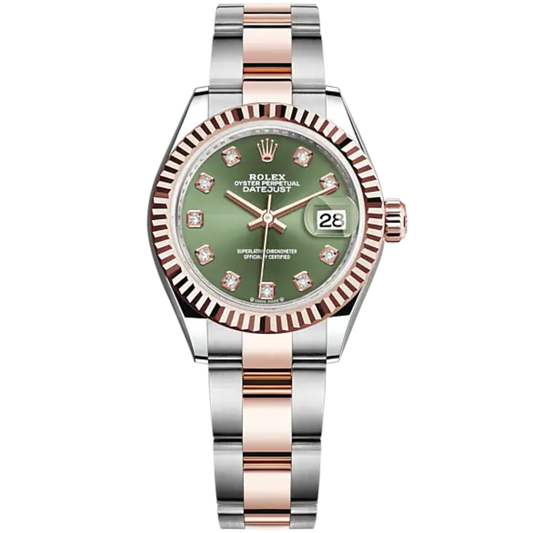 Lady-DateJust 28mm Oyster Oystersteel Bracelet and Everose Gold with Olive-Green Dial Diamond-Set Dial and Fluted Bezel