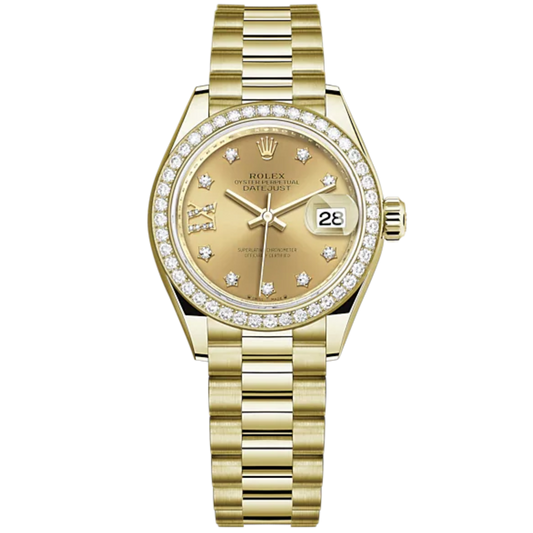 Lady-DateJust 28mm President Bracelet and 18 KT Yellow Gold with Champagne-Colour Dial Diamond-Set Dial and Diamond-Set Bezel