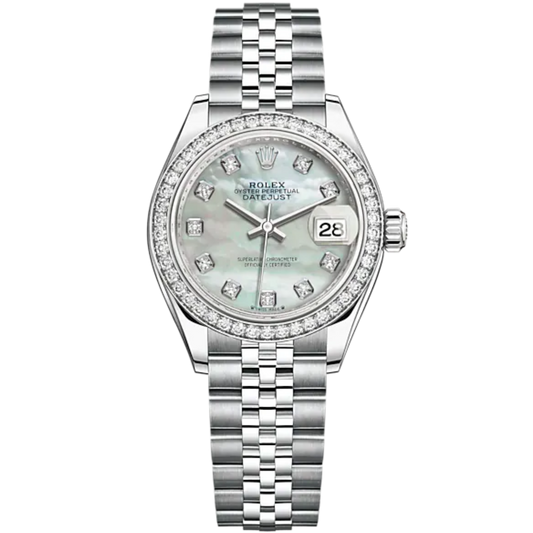 Lady-DateJust 28mm Oystersteel Jubilee Bracelet and White Gold with White Mother-of-Pearl Dial Diamond-Set Dial and Diamond-Set Bezel