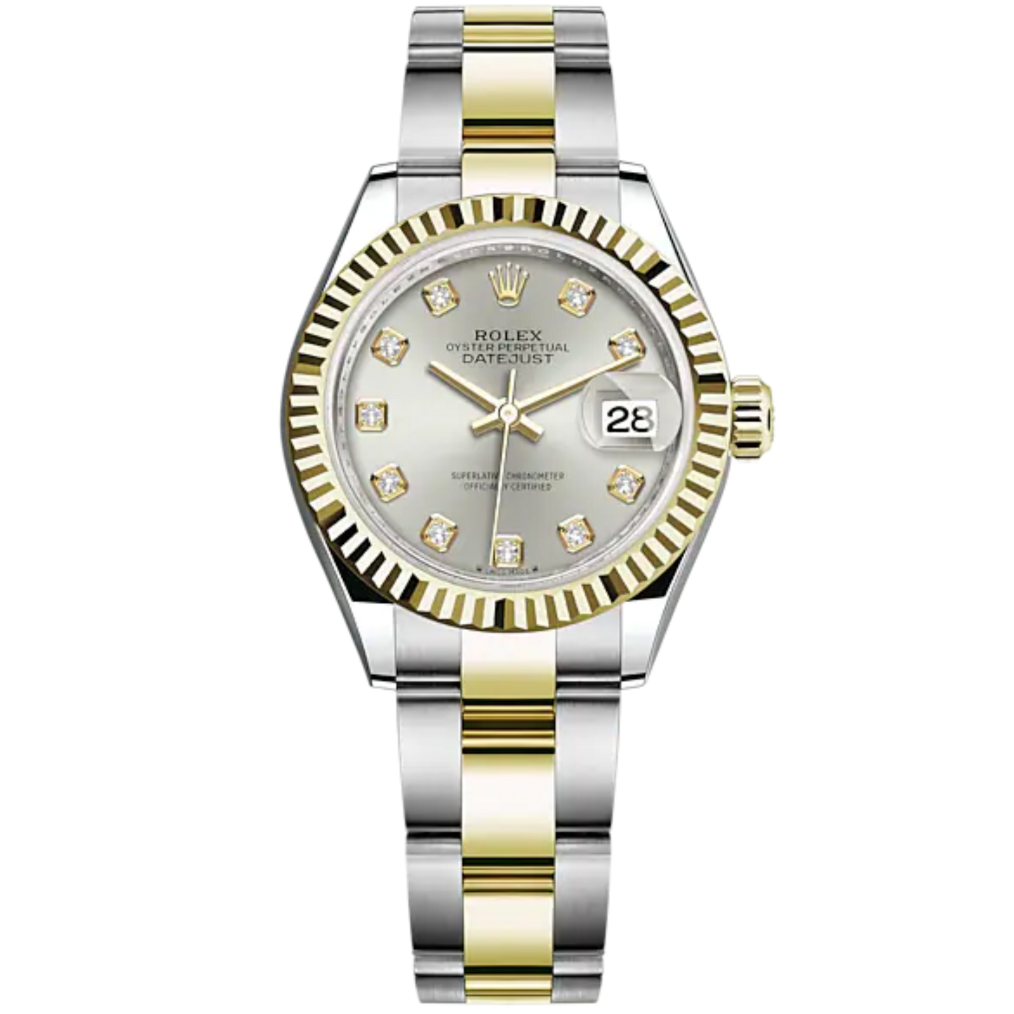Lady-DateJust 28mm Oyster Oystersteel Bracelet and Yellow Gold with Silver Dial Diamond-Set Dial and Fluted Bezel