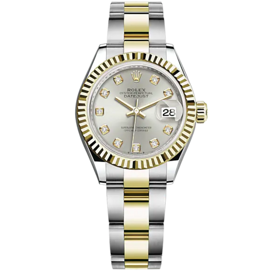 Lady-DateJust 28mm Oyster Oystersteel Bracelet and Yellow Gold with Silver Dial Diamond-Set Dial and Fluted Bezel