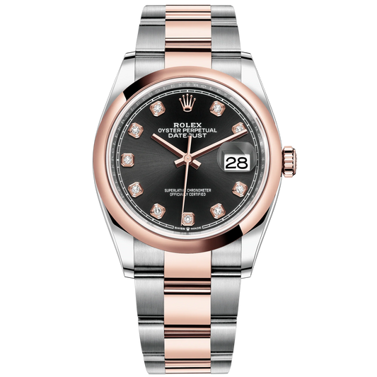 Datejust 36 36mm Oystersteel and Everose Gold Oyster Bracelet Bright Black Diamond-set Dial Domed Bezel