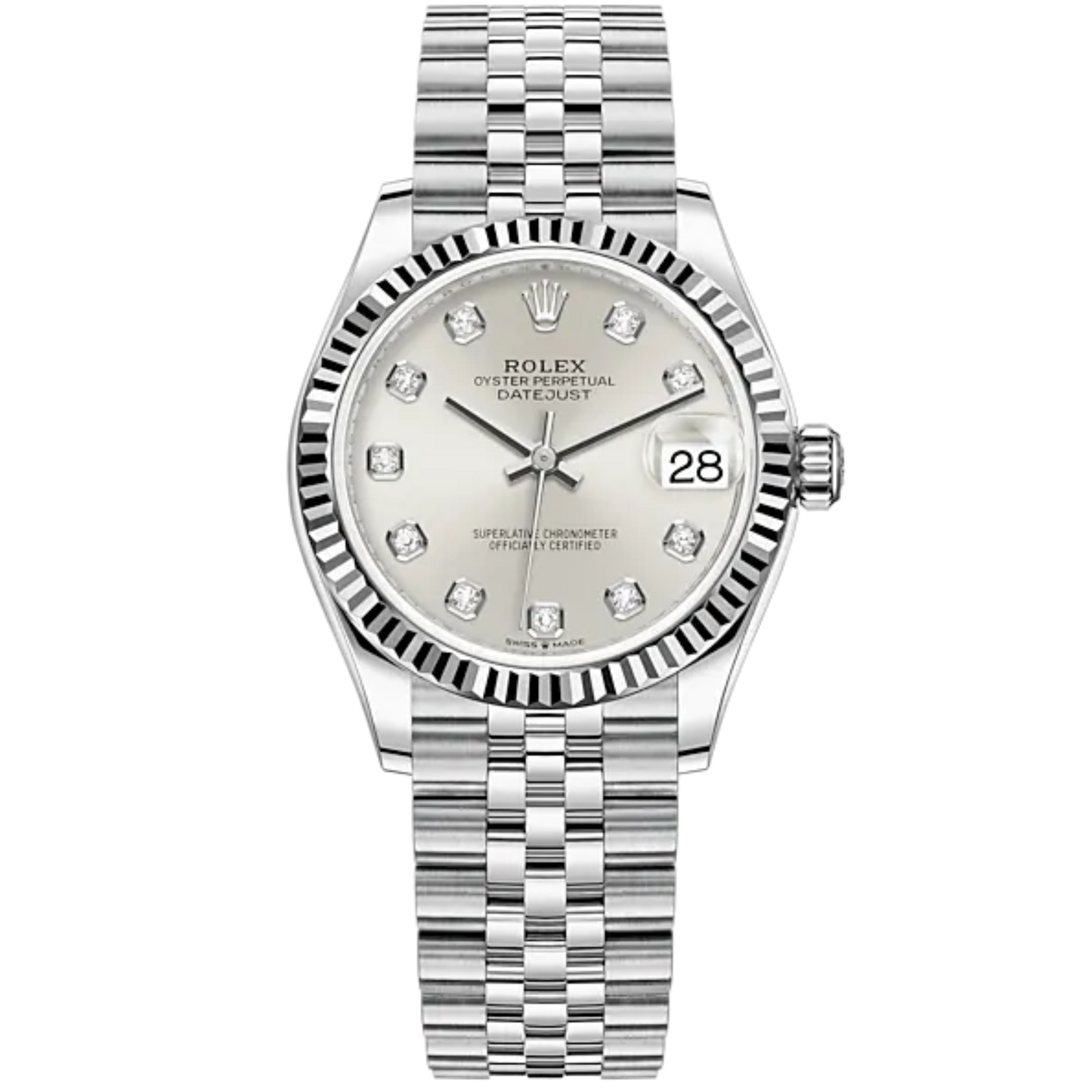 Datejust 31 31mm Jubilee Bracelet Oystersteel and White Gold Silver Diamond-Set Dial Fluted Bezel
