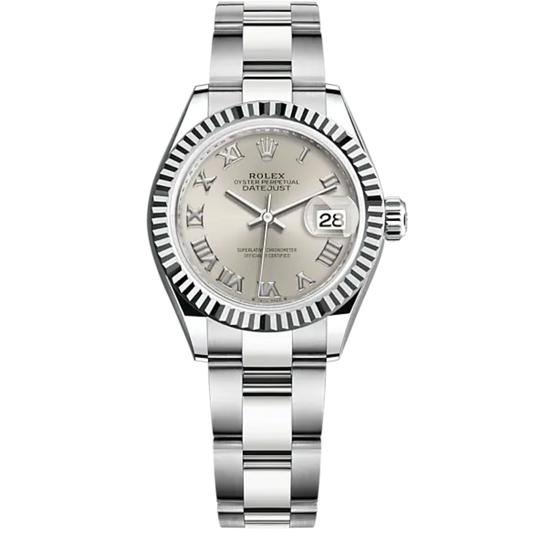 Lady-DateJust 28mm Oyster Oystersteel Bracelet and White Gold with Silver Dial and Fluted Bezel