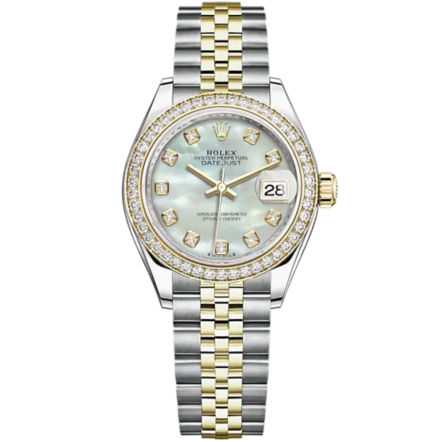Lady-DateJust 28mm Oystersteel Jubilee Bracelet and Yellow Gold with White Mother-of-Pearl Dial Diamond-Set Dial and Diamond-Set Bezel
