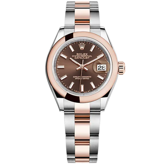 Lady-DateJust 28mm Oyster Oystersteel Bracelet and Everose Gold with Chocolate Dial and Domed Bezel