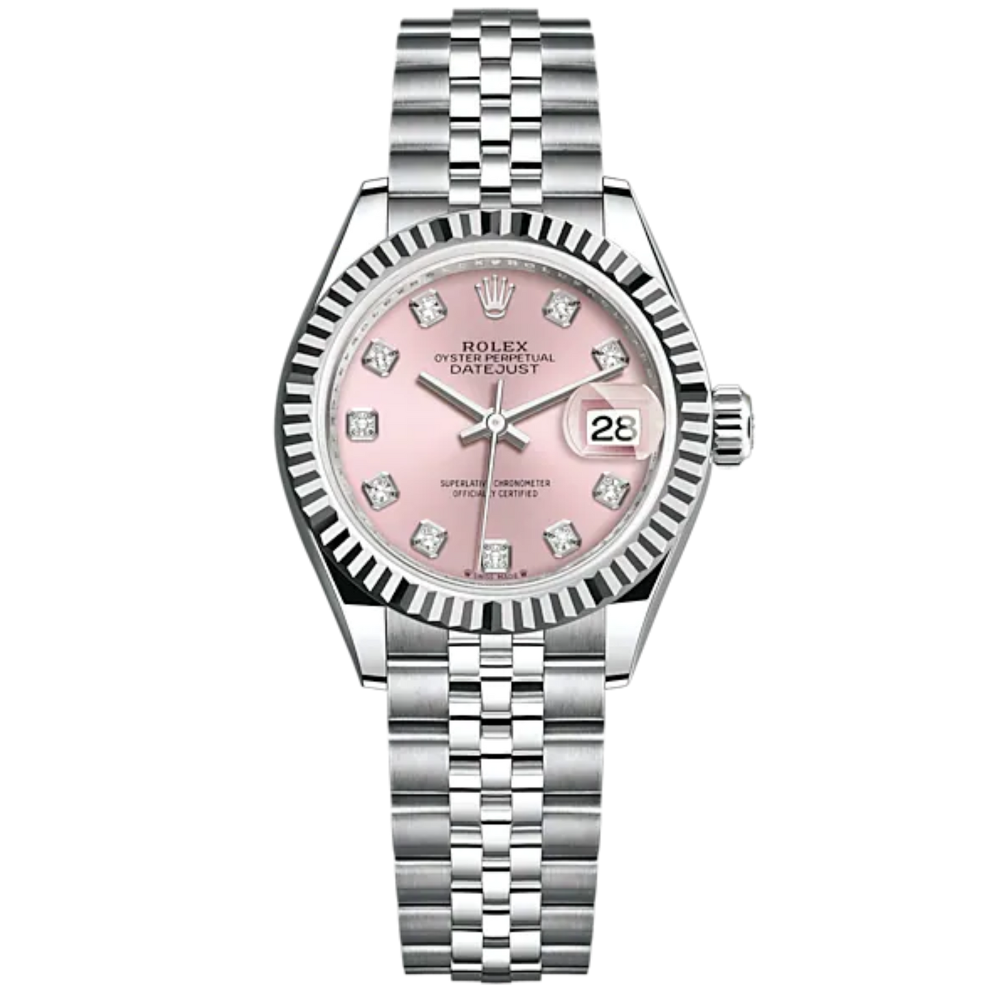 Lady-DateJust 28mm Oystersteel Jubilee Bracelet and Pink Dial Diamond-Set Dial and Fluted Bezel