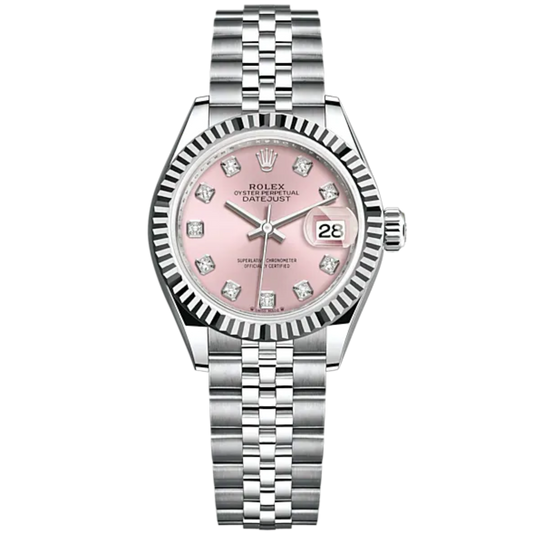 Lady-DateJust 28mm Oystersteel Jubilee Bracelet and Pink Dial Diamond-Set Dial and Fluted Bezel