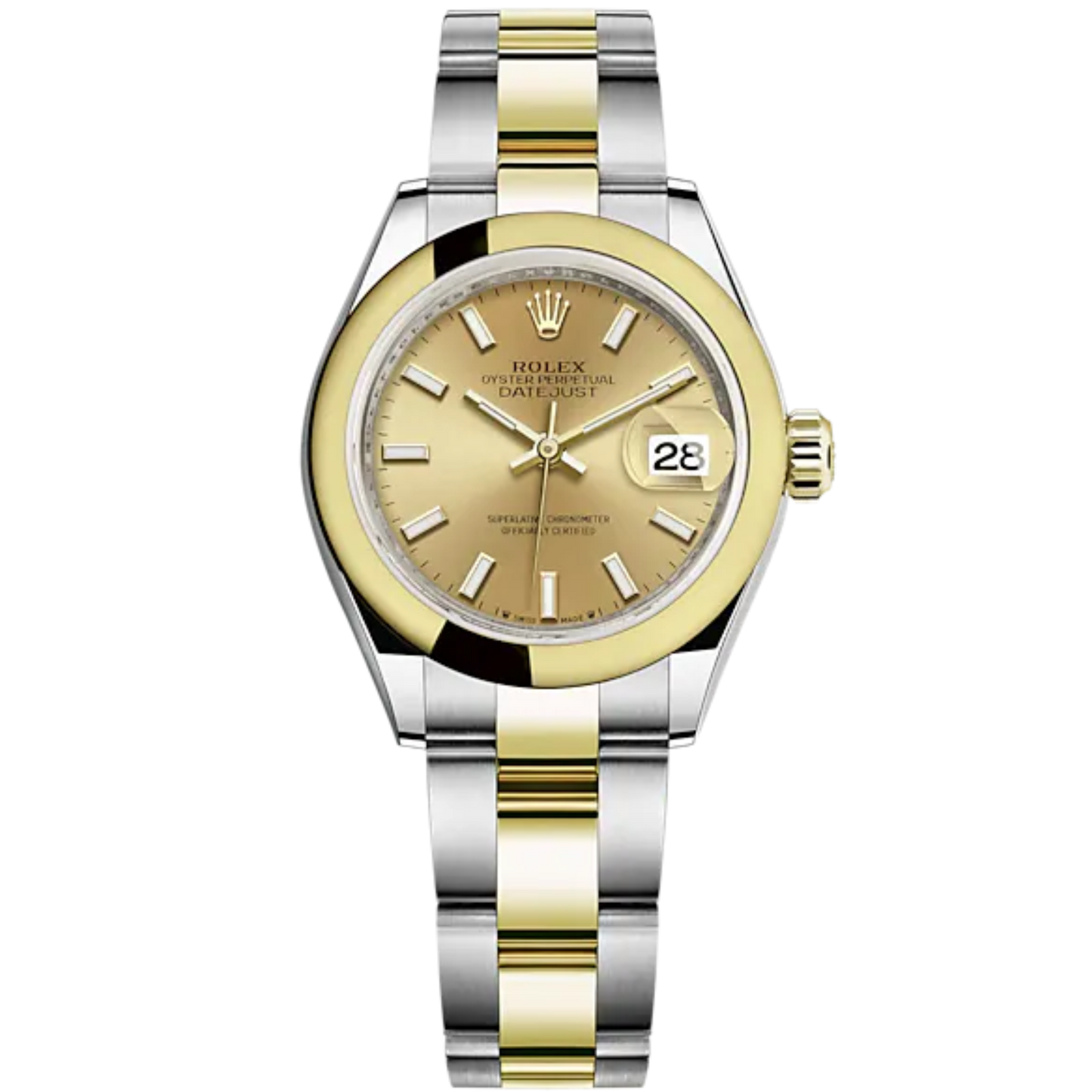 Lady-DateJust 28mm Oyster Oystersteel Bracelet and Yellow Gold with Champagne-Colour Dial and Domed Bezel